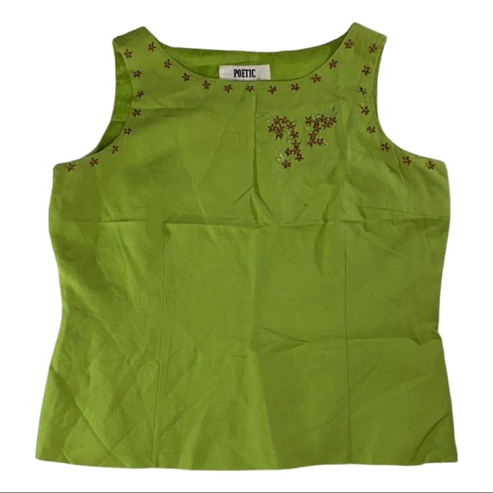 Vintage Poetic Embroidered Floral Lime Green Tank